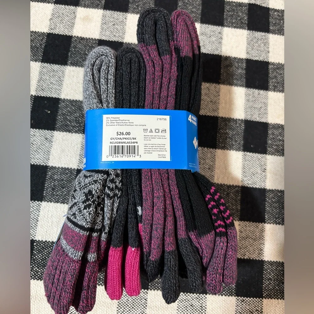 NWT Women's Columbia 4 Pairs Crew Socks with Reinforced Heel and Toe size 4-10